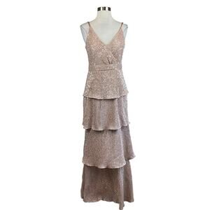 Rose Gold Sequined Evening Gown Pink Size 4 Tiered A-Line Formal Dress by AQUA